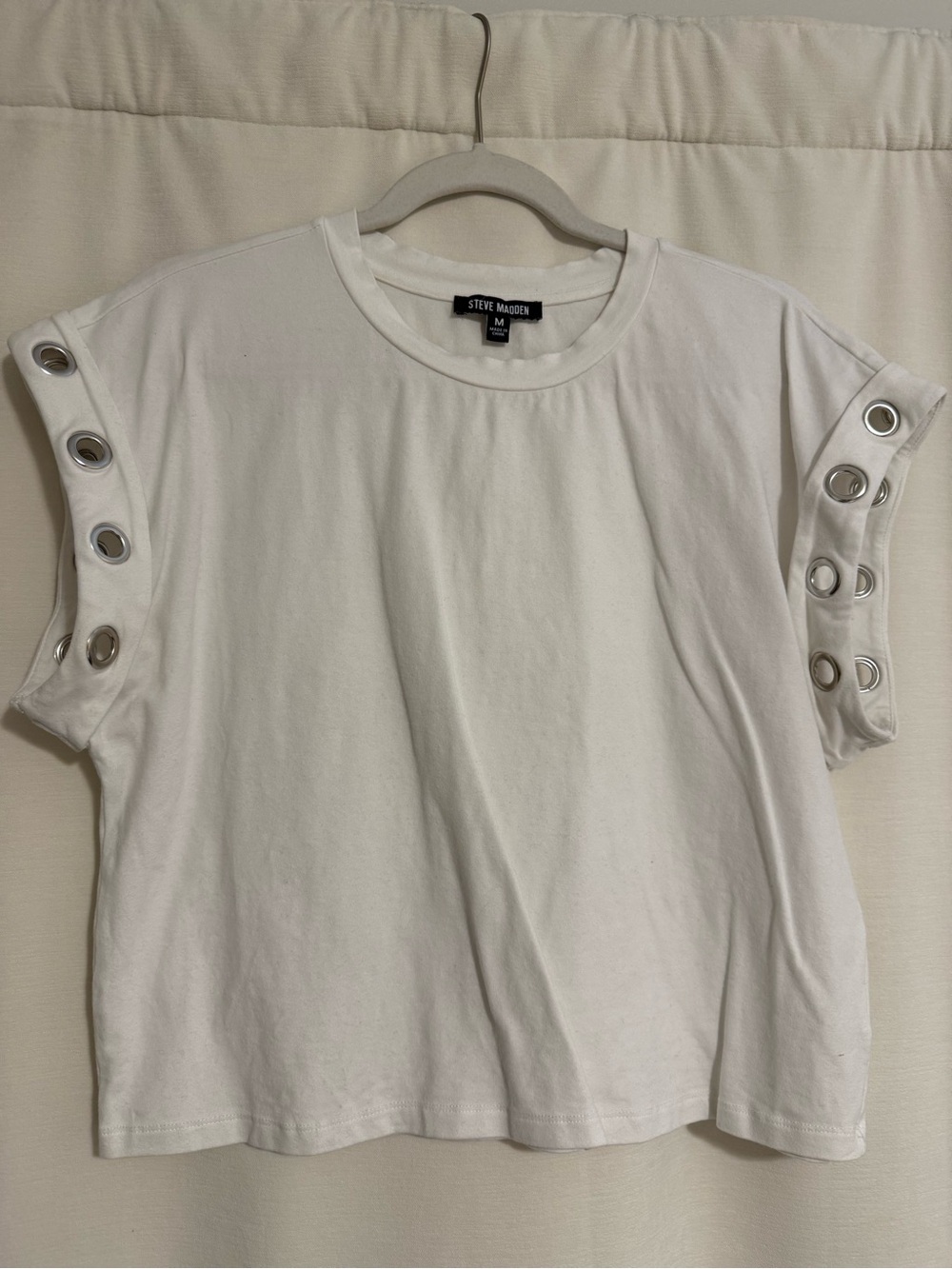 Steve Madden White Muscle Tee with Silver Eyelet Sleeves